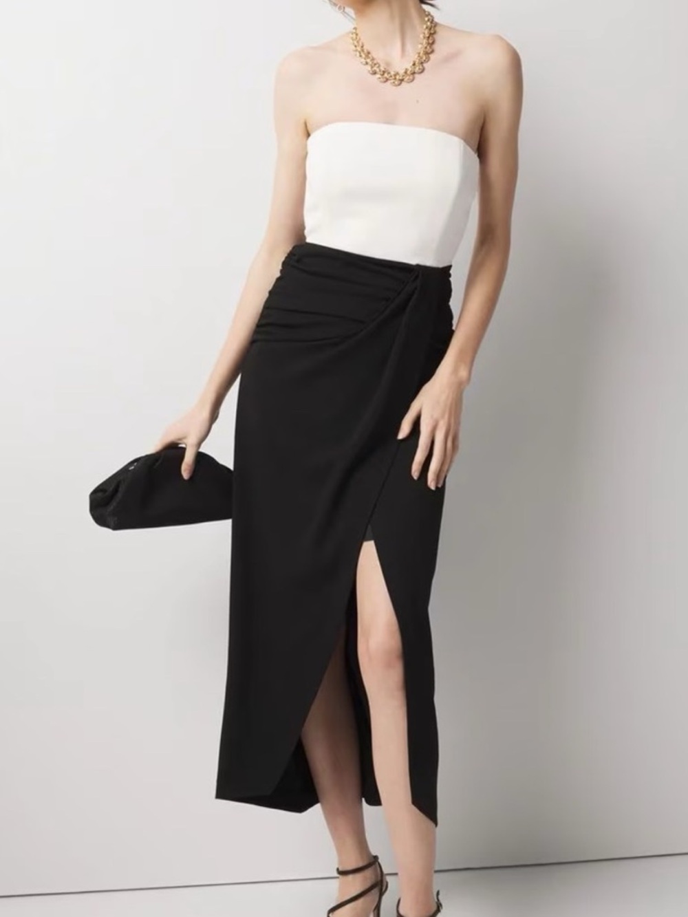 White House Black Market Strapless Colorblock Midi Dress Black White Slit WHBM 0